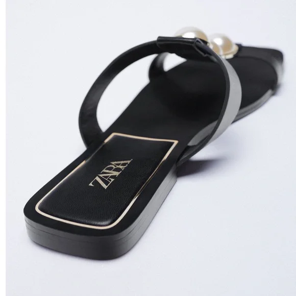 Zara Black Leather Square toe pearl detail sandals - Picture 4 of 5